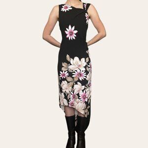 Dressbarn 90s vintage black/pink floral asymmetric midi dress - medium